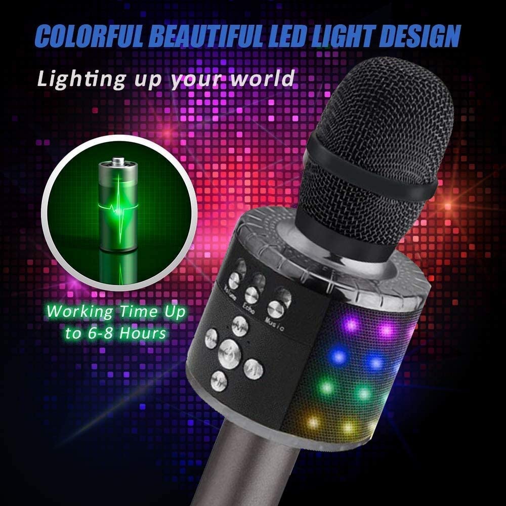 Bluetooth Karaoke Microphone 4-in-1 | Wireless Handheld Speaker &amp; Recorder | 2000mAh Rechargeable Battery with LED Lights