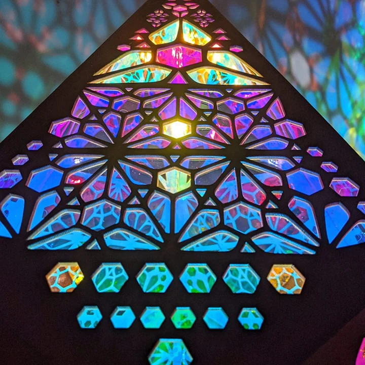 Bohemian Stained Glass Projection Lamp Wood | Moroccan Turkish Pattern Design | USB Powered Colour-Changing Night Light