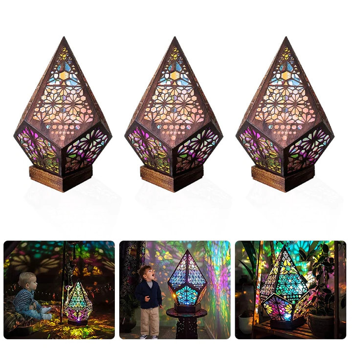 Bohemian Stained Glass Projection Lamp Wood | Moroccan Turkish Pattern Design | USB Powered Colour-Changing Night Light