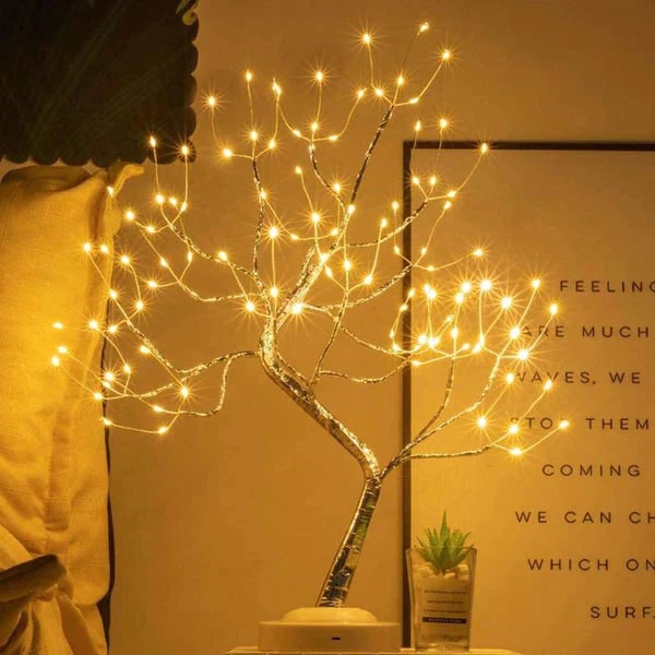 Bonsai Tree Lamp with Flexible Branches | Warm White LED Lights, Silver Trunk | Touch-Sensitive Control, Mid Century Style