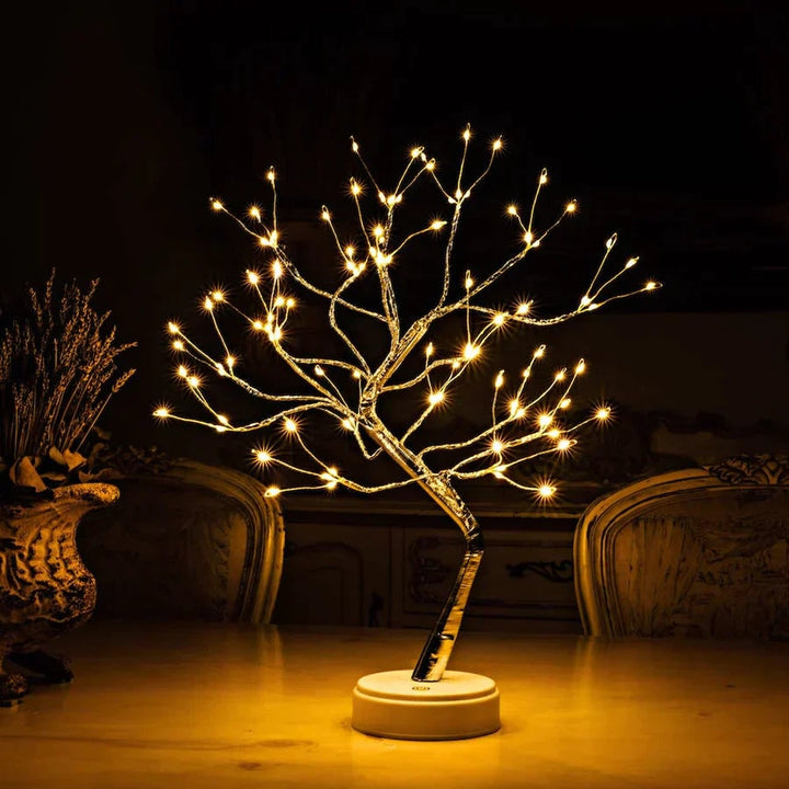Bonsai Tree Lamp with Flexible Branches | Warm White LED Lights, Silver Trunk | Touch-Sensitive Control, Mid Century Style