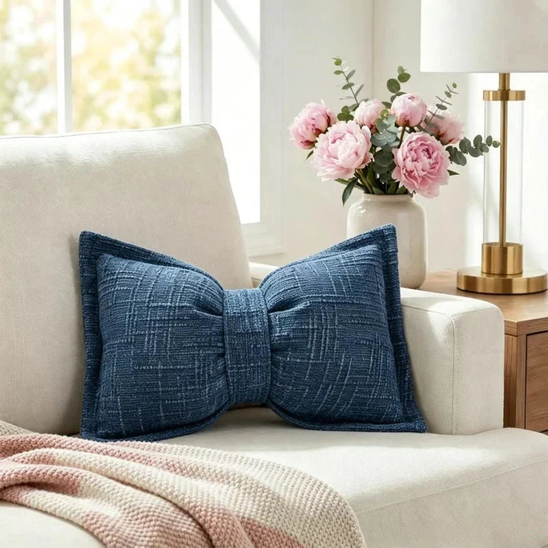 Bow Throw Pillow Shaped Chenille Plush Decorative with Fitted Insert