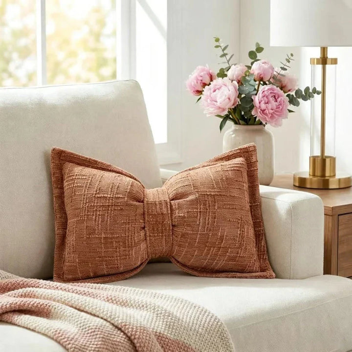 Bow Throw Pillow Shaped Chenille Plush Decorative with Fitted Insert