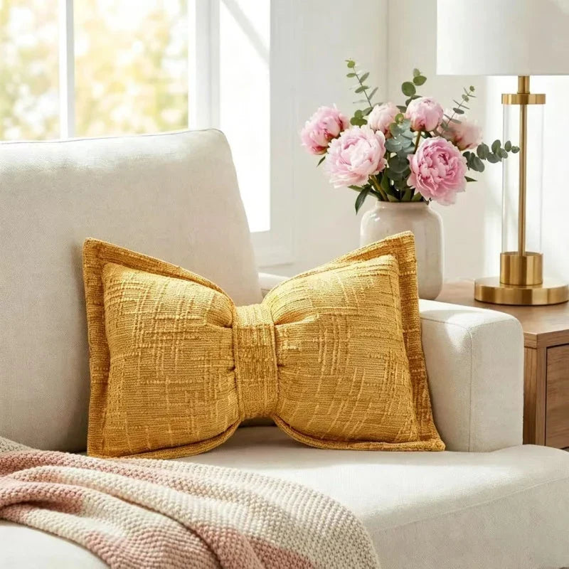 Bow Throw Pillow Shaped Chenille Plush Decorative with Fitted Insert