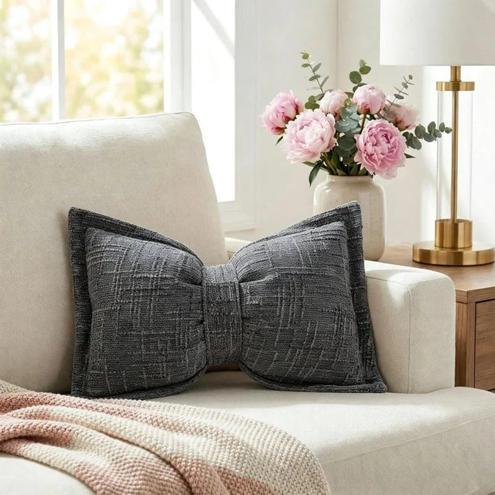 Bow Throw Pillow Shaped Chenille Plush Decorative with Fitted Insert