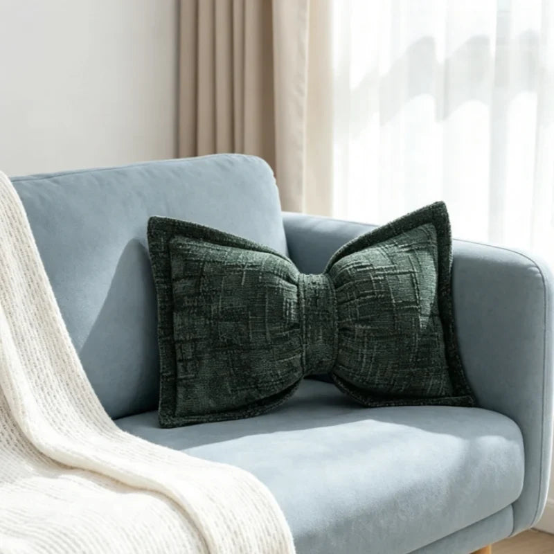 Bow Throw Pillow Shaped Chenille Plush Decorative with Fitted Insert