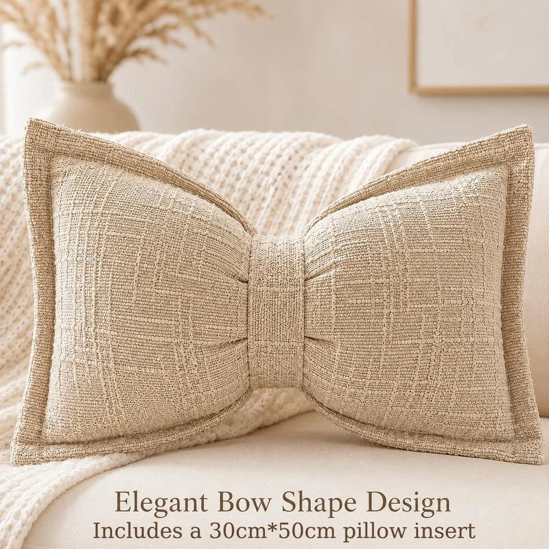 Bow Throw Pillow Shaped Chenille Plush Decorative with Fitted Insert