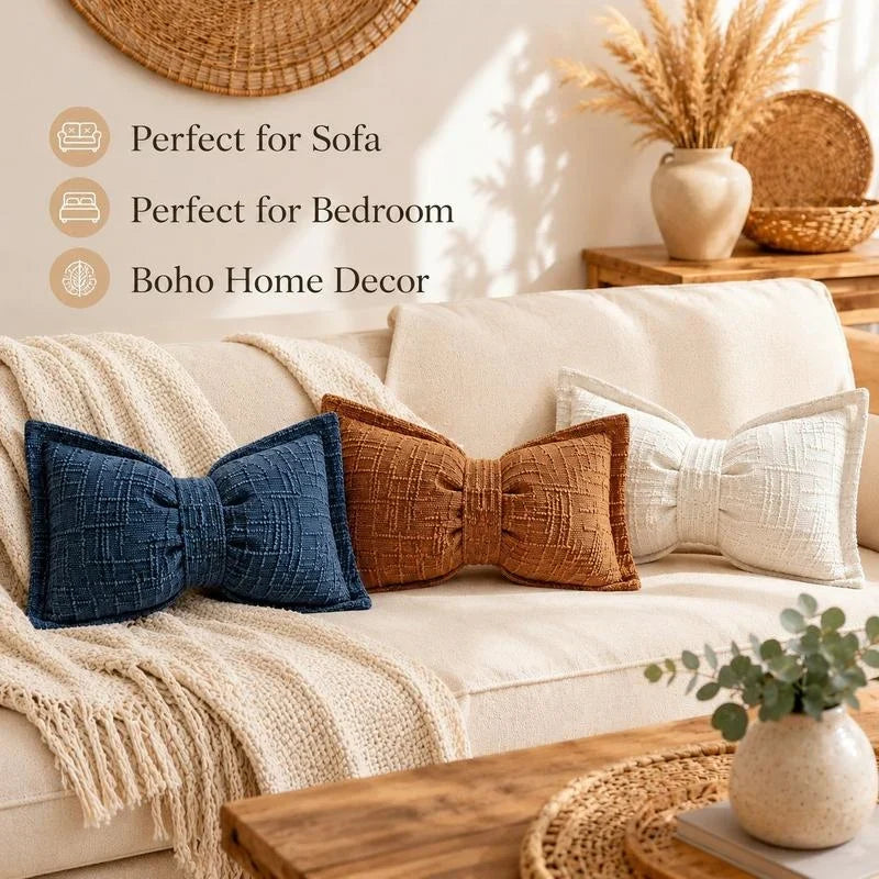 Bow Throw Pillow Shaped Chenille Plush Decorative with Fitted Insert