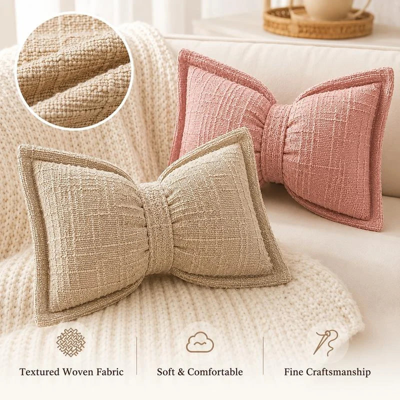 Bow Throw Pillow Shaped Chenille Plush Decorative with Fitted Insert