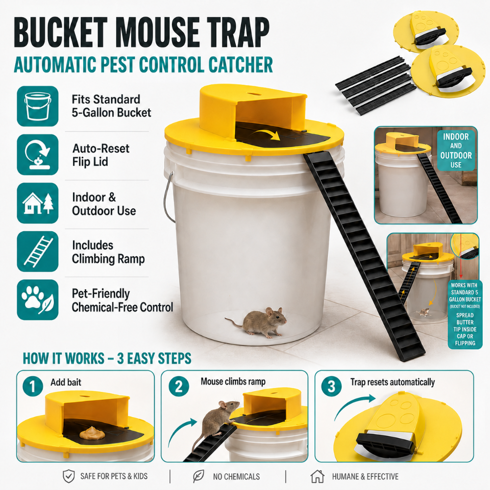 Bucket Mouse Trap Lid 4-Pack | Auto-Reset Bait-and-Ladder System | Fits Standard 5-Gallon Bucket, Indoor Outdoor Use