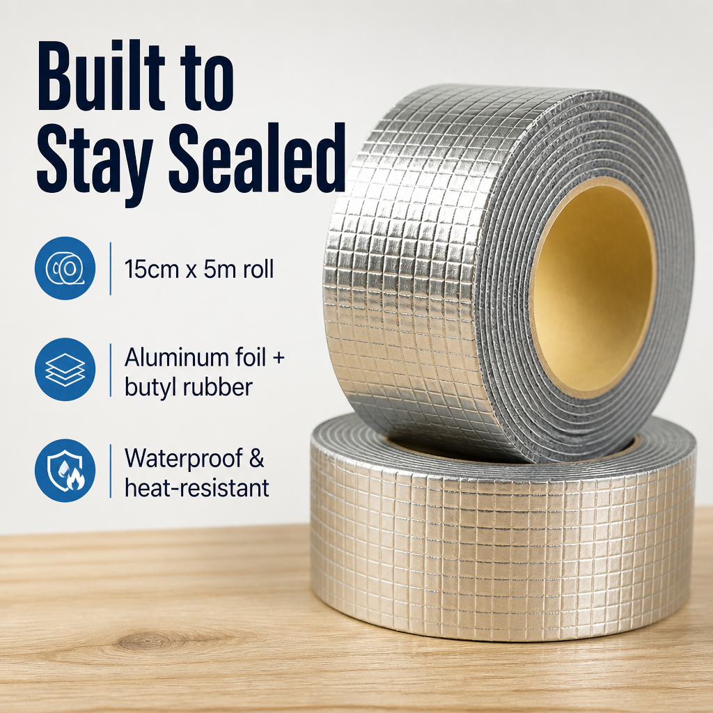 Butyl Rubber Sealing Tape, Aluminium Foil Face | 15 cm x 5 m Roll | Waterproof, No Primer, Seals Roof, Gutter &amp; Pipe Leaks
