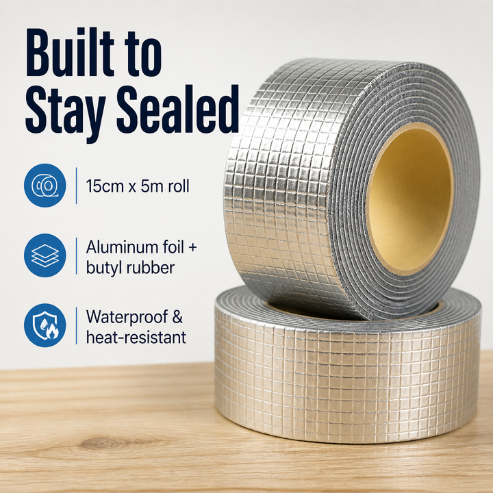 Butyl Rubber Sealing Tape, Aluminium Foil Face | 15 cm x 5 m Roll | Waterproof, No Primer, Seals Roof, Gutter &amp; Pipe Leaks