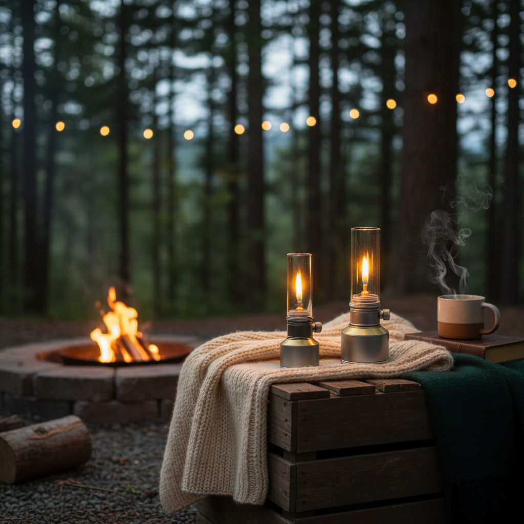 Camping Lamp | Butane Gas Candle Lantern with Glass Chimney and Adjustable Flame