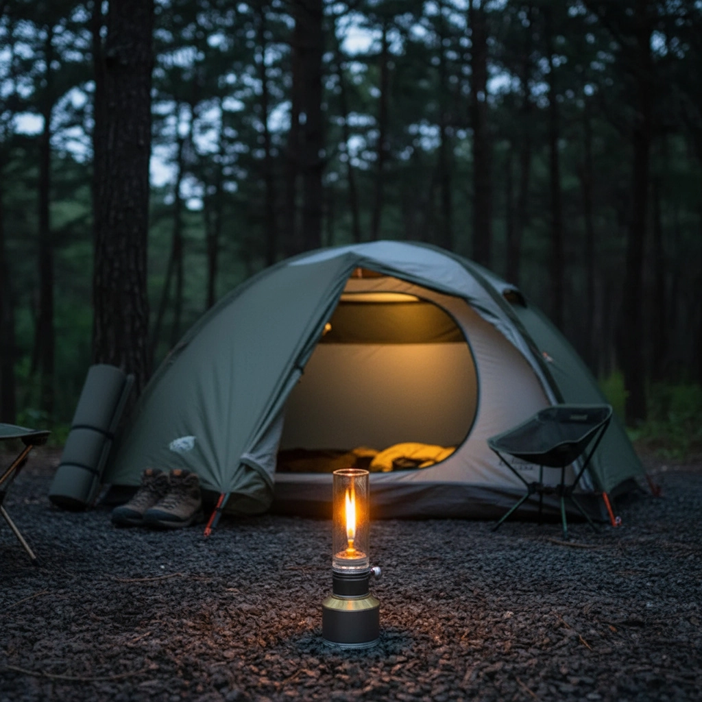 Camping Lamp | Butane Gas Candle Lantern with Glass Chimney and Adjustable Flame