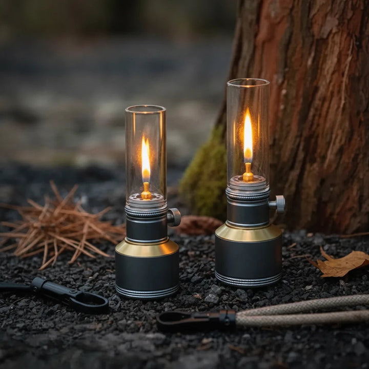 Camping Lamp | Butane Gas Candle Lantern with Glass Chimney and Adjustable Flame