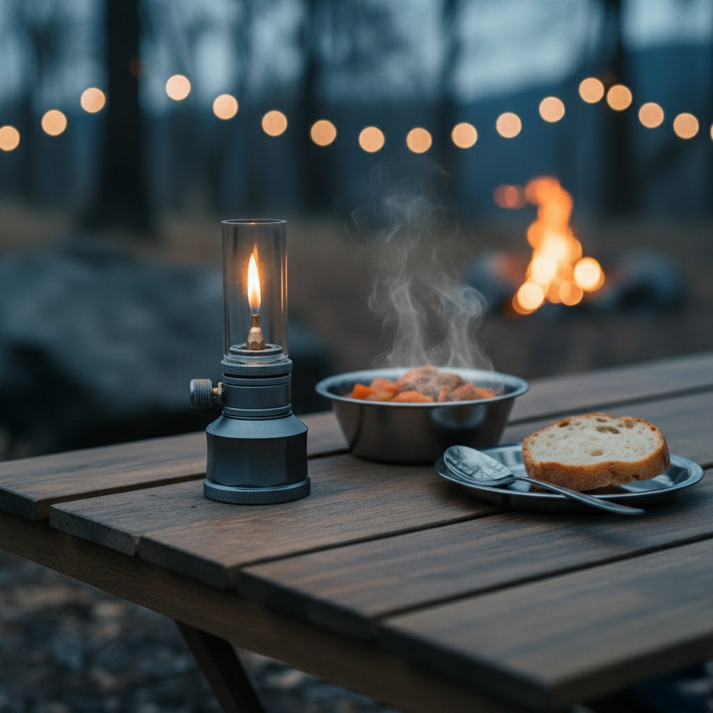 Camping Lamp | Butane Gas Candle Lantern with Glass Chimney and Adjustable Flame