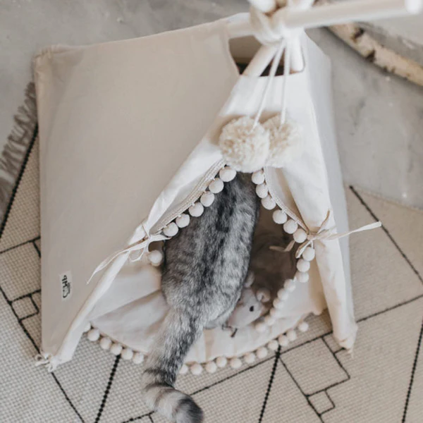 Canvas Pet Teepee Tent | Pine Wood Poles &amp; Machine-Washable Cover | Collapsible Design for Small Dogs and Cats, Three Sizes