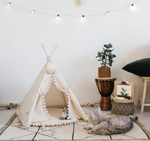 Canvas Pet Teepee Tent | Pine Wood Poles &amp; Machine-Washable Cover | Collapsible Design for Small Dogs and Cats, Three Sizes