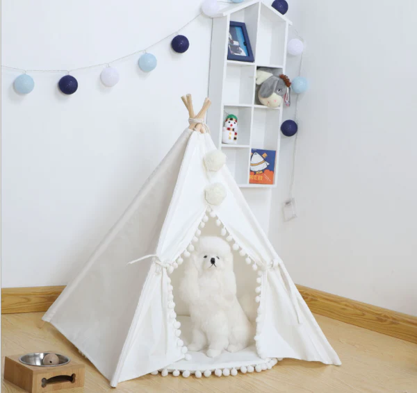 Canvas Pet Teepee Tent | Pine Wood Poles &amp; Machine-Washable Cover | Collapsible Design for Small Dogs and Cats, Three Sizes