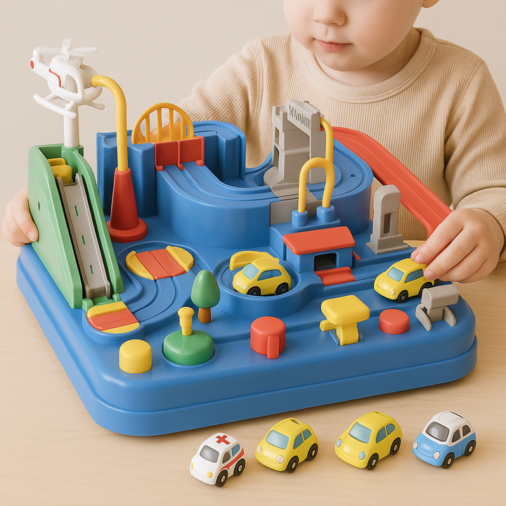 Car Track Toy ABS Plastic | City Puzzle with Crane and Helicopter Accessories | Screen-Free Brain Building Play