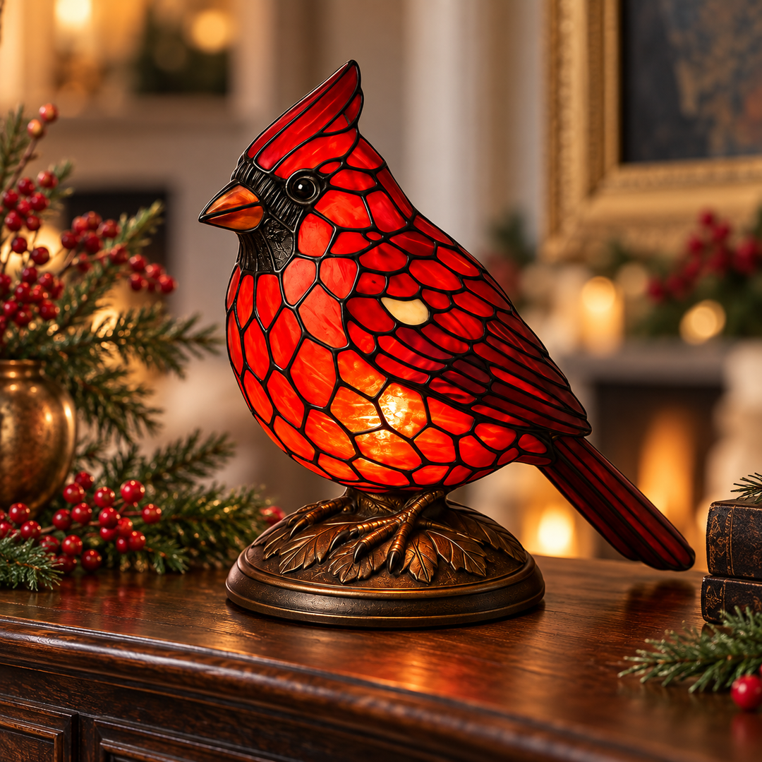 Stained Glass Cardinal Nightlight | Bird-Themed Accent Lamp | Warm Ambient Glow for Bedside, Shelf or Mantel Decor 3