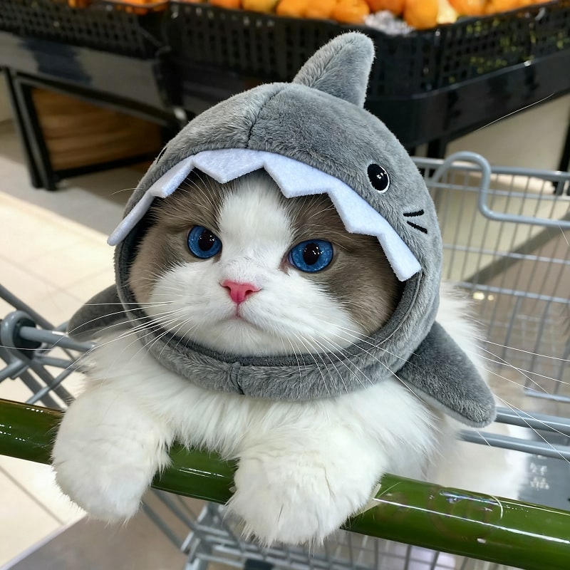 Cat Costume Hat Shark Embroidered Padded Adjustable with Hook-and-Loop Strap