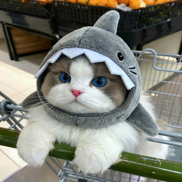 Cat Costume Hat Shark Embroidered Padded Adjustable with Hook-and-Loop Strap