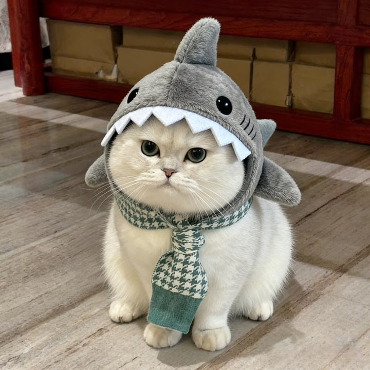 Cat Costume Hat Shark Embroidered Padded Adjustable with Hook-and-Loop Strap