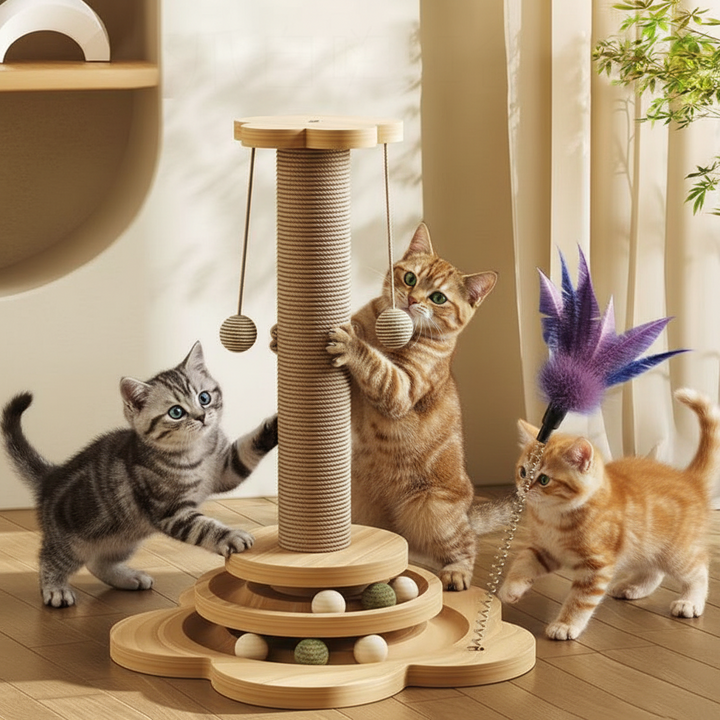 Cat Scratching Post Activity Centre | Sisal Scratch Post with Ball Track &amp; Feather Toy | Protects Furniture &amp; Healthy Claws