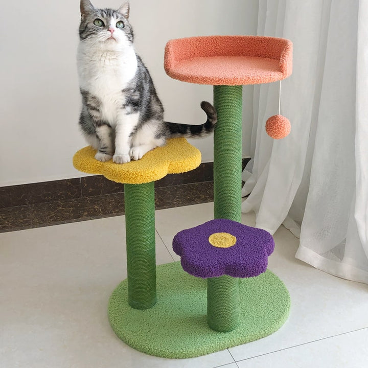 Cat Tree Condo Tower with Sisal Scratching Posts | Flower-Shaped Perches, Hanging Toy | Multi-Level Cat Furniture