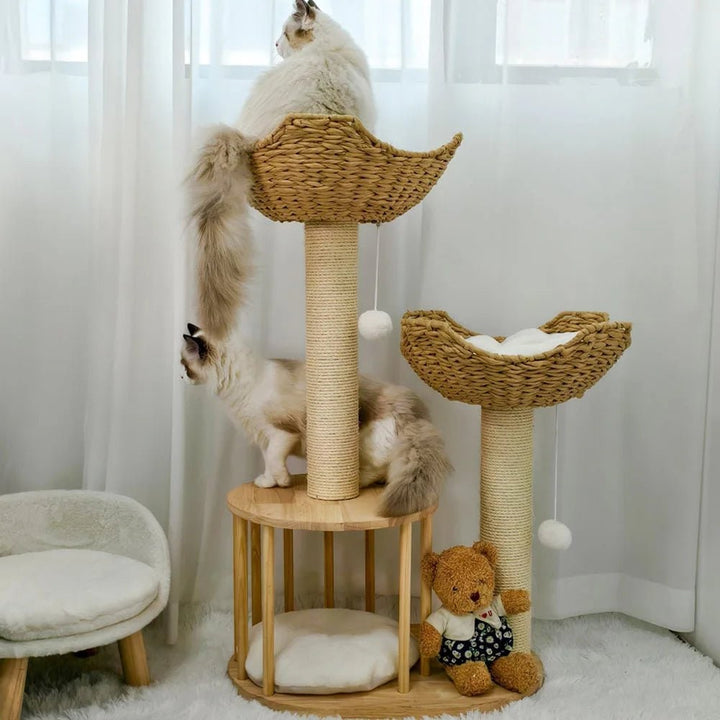 Cat Tree Tower Wood | Floor to Ceiling with Sisal Scratching Posts &amp; Woven Basket Beds | Multi-Level Climbing for Active Cats
