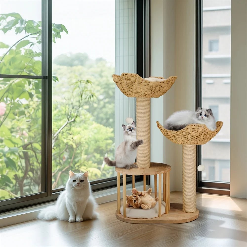 Cat Tree Tower Wood | Floor to Ceiling with Sisal Scratching Posts &amp; Woven Basket Beds | Multi-Level Climbing for Active Cats