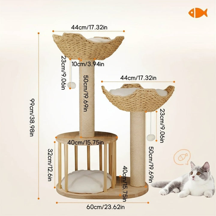 Cat Tree Tower Wood | Floor to Ceiling with Sisal Scratching Posts &amp; Woven Basket Beds | Multi-Level Climbing for Active Cats