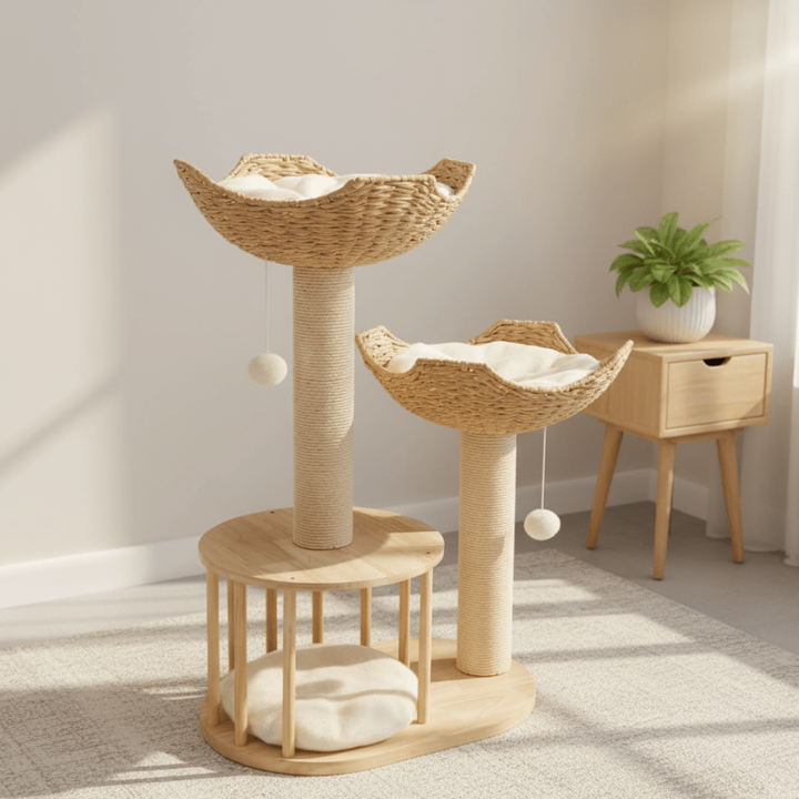 Cat Tree Tower Wood | Floor to Ceiling with Sisal Scratching Posts &amp; Woven Basket Beds | Multi-Level Climbing for Active Cats