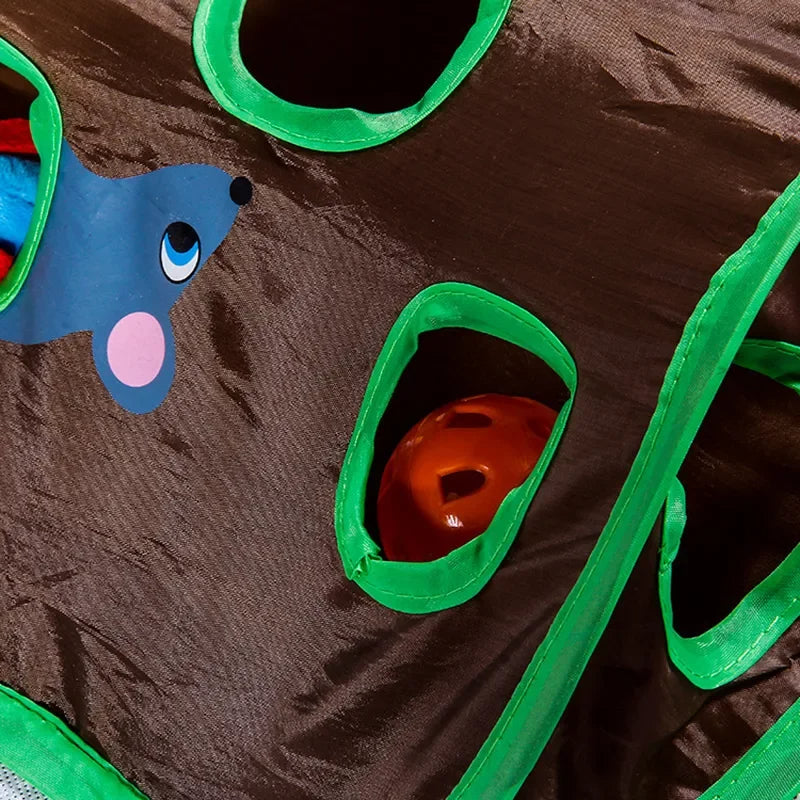 Cat Tunnel Toy Canvas | 9-Hole Interactive Design with Hidden Mouse & Ball | Foldable Washable Design for Easy Storage
