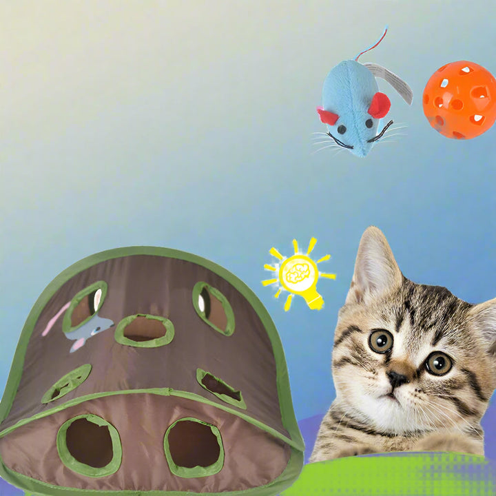 Cat Tunnel Toy Canvas | 9-Hole Interactive Design with Hidden Mouse &amp; Ball | Foldable Washable Design for Easy Storage