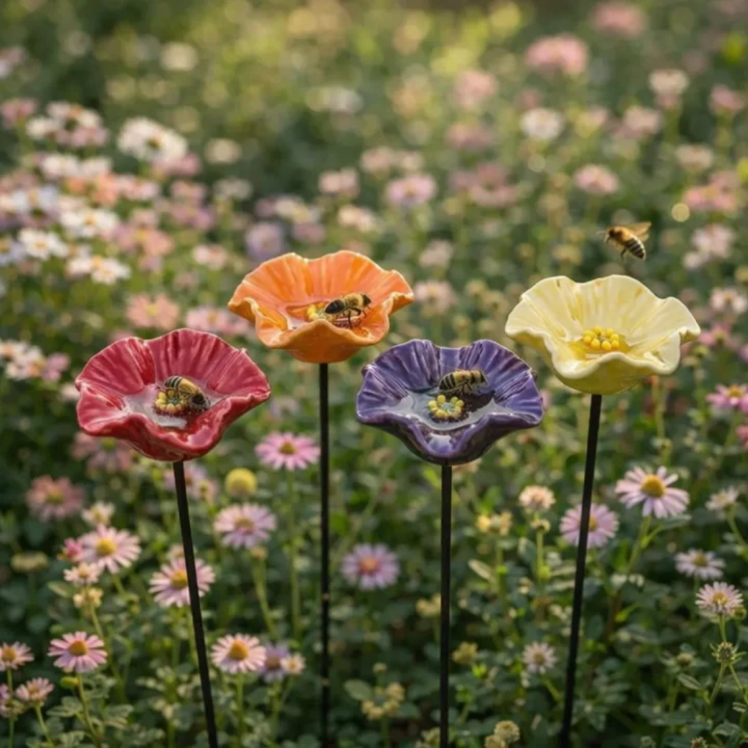Ceramic Flower Drinking Bowls | Water Dishes for Bees, Butterflies &amp; Birds | Handmade All-Weather Design