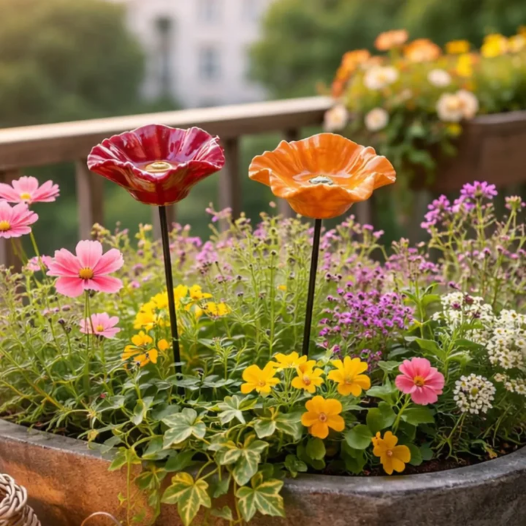 Ceramic Flower Drinking Bowls | Water Dishes for Bees, Butterflies &amp; Birds | Handmade All-Weather Design