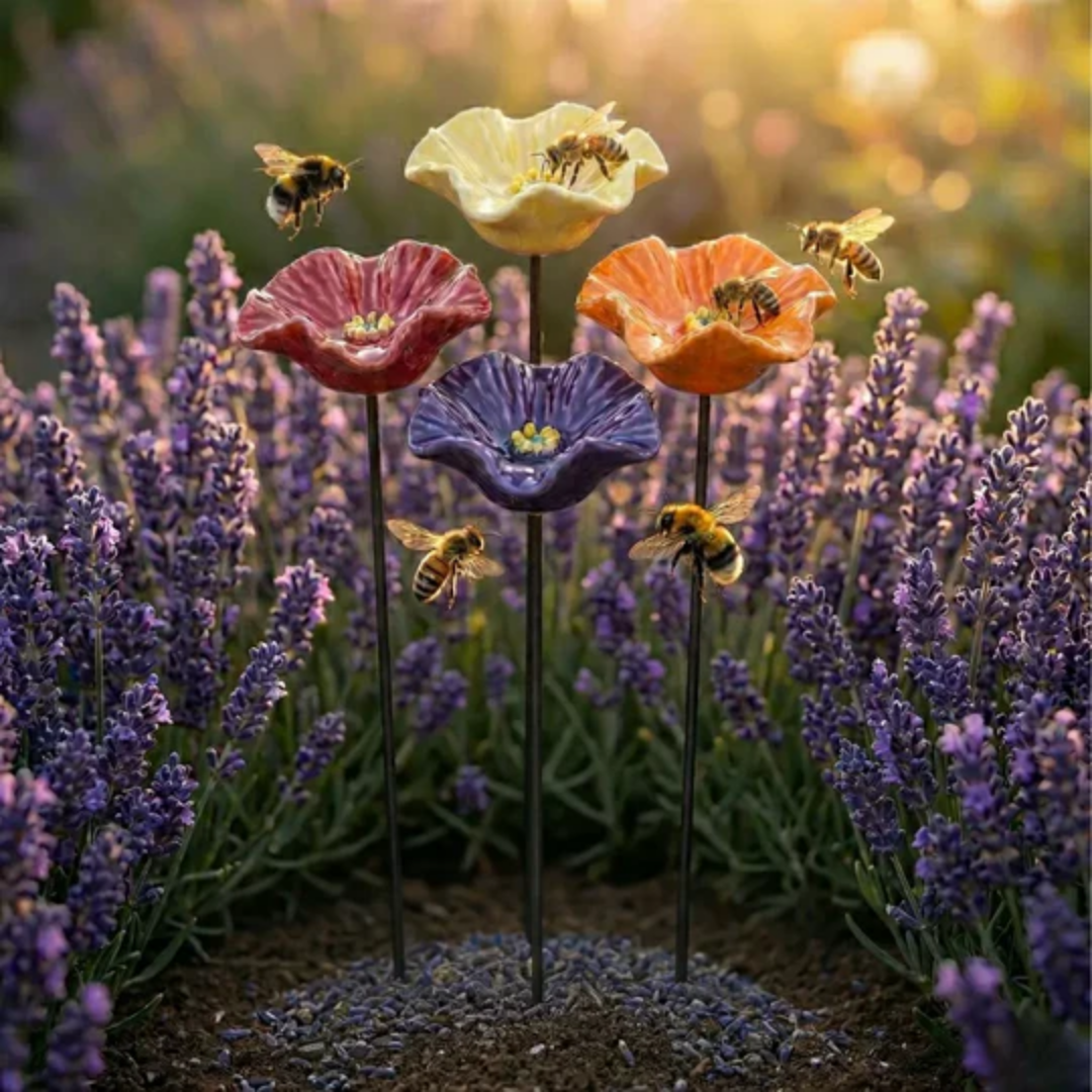 Ceramic Flower Drinking Bowls | Water Dishes for Bees, Butterflies & Birds | Handmade All-Weather Design
