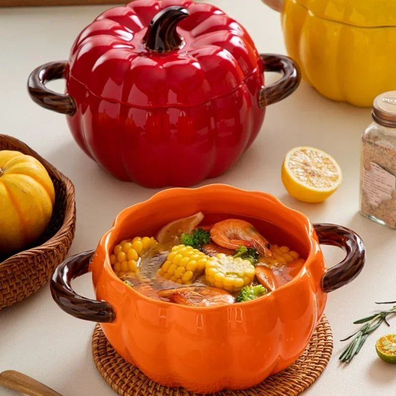 Ceramic Pumpkin Soup Bowl with Lid | Handled Tureen for Soup, Ramen & Stew | Retains Heat for Cosy Autumn & Halloween Meals