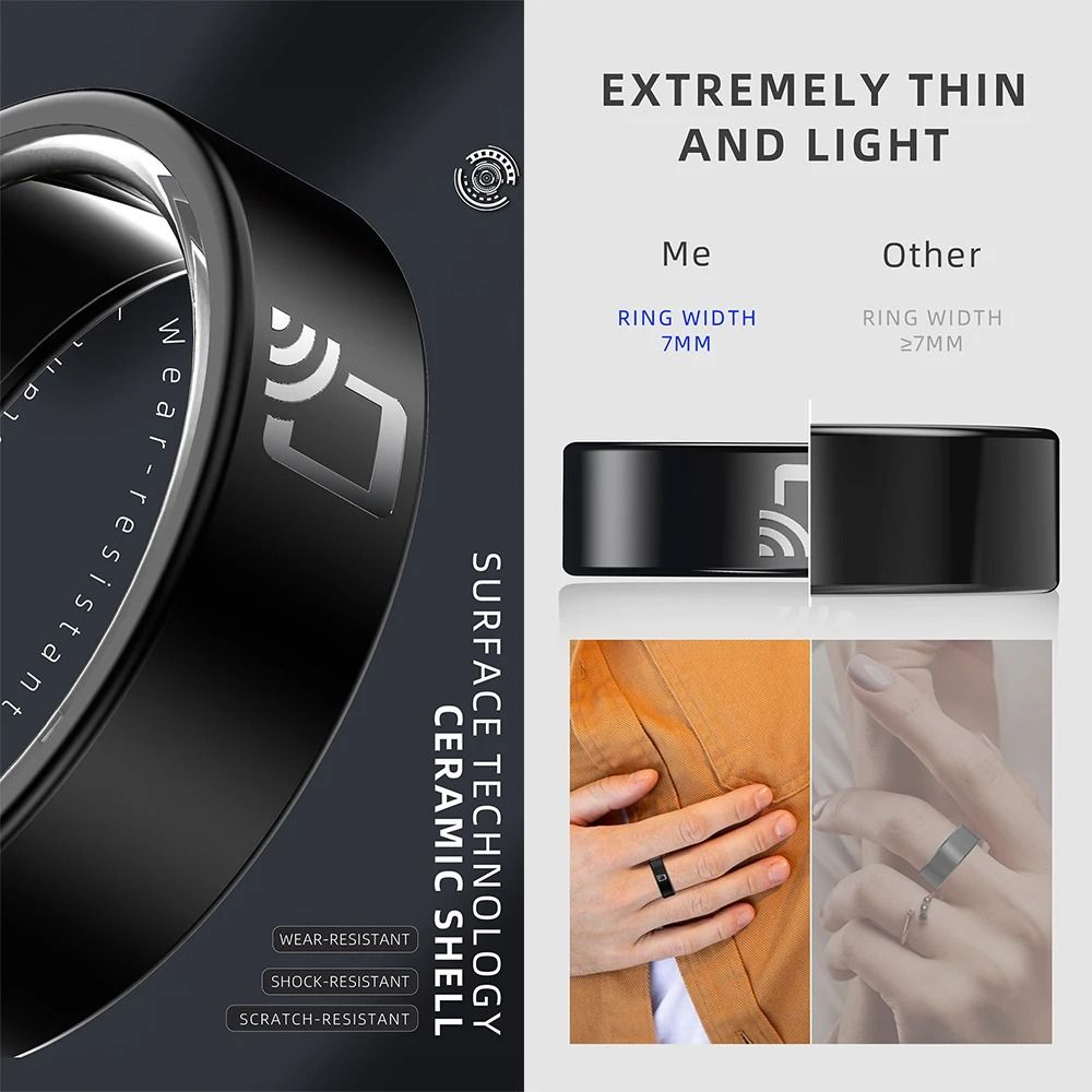 Ceramic Smart Ring with NFC Access Control | Heart Rate, Blood Pressure &amp; Oxygen Monitoring | IP68 Waterproof 7mm Design