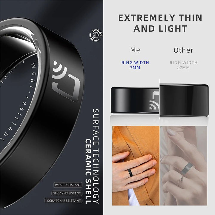 Ceramic Smart Ring with NFC Access Control | Heart Rate, Blood Pressure &amp; Oxygen Monitoring | IP68 Waterproof 7mm Design