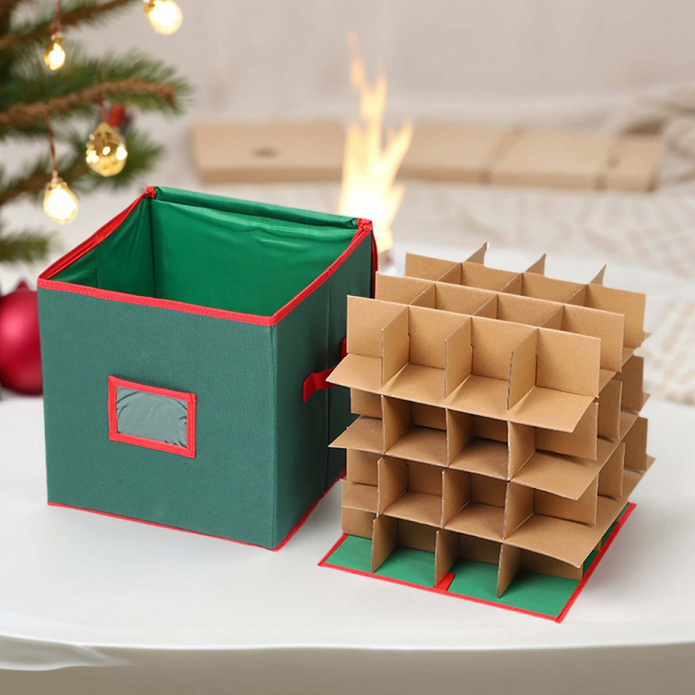 Christmas Ornament Storage Box | Holds Up to 64 Ornaments with Adjustable Dividers | Dust &amp; Moisture Resistant Fabric