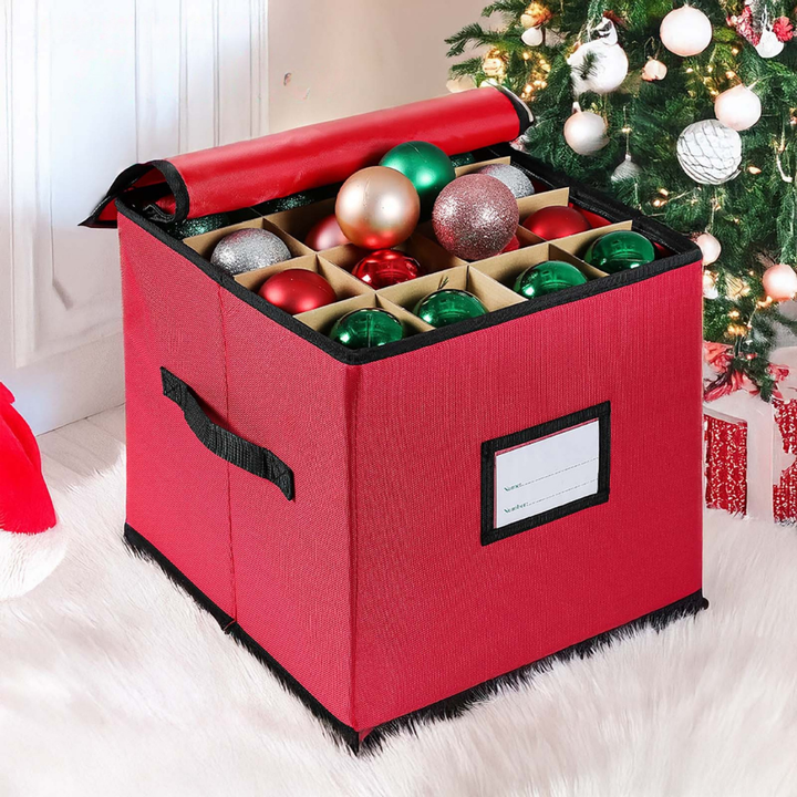Christmas Ornament Storage Box | Holds Up to 64 Ornaments with Adjustable Dividers | Dust &amp; Moisture Resistant Fabric