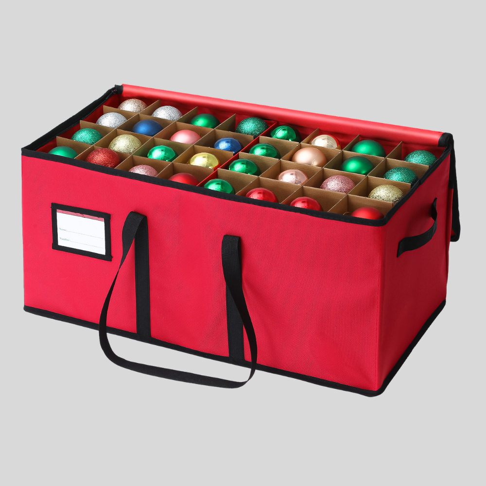Christmas Ornament Storage Box | Holds Up to 64 Ornaments with Adjustable Dividers | Dust &amp; Moisture Resistant Fabric