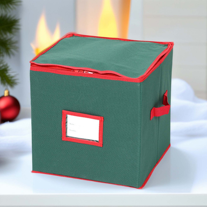 Christmas Ornament Storage Box | Holds Up to 64 Ornaments with Adjustable Dividers | Dust &amp; Moisture Resistant Fabric