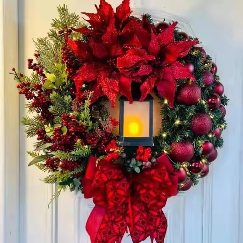 Christmas Wreath Pre-Lit LED Battery Operated Sturdy Frame with Large Bow