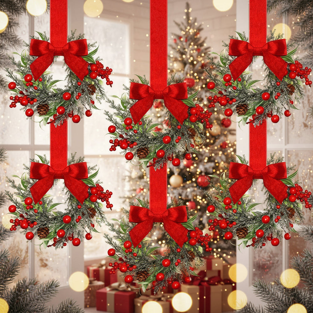 Christmas Wreath Set | Red Bows, Pinecones & Greenery | Lightweight Polyester, Reusable Hanging Door Decor for Holidays