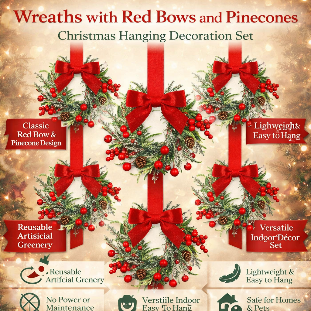 Christmas Wreath Set | Red Bows, Pinecones &amp; Greenery | Lightweight Polyester, Reusable Hanging Door Decor for Holidays