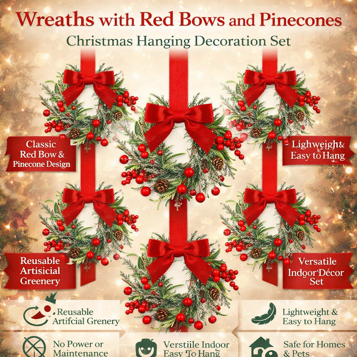 Christmas Wreath Set | Red Bows, Pinecones &amp; Greenery | Lightweight Polyester, Reusable Hanging Door Decor for Holidays